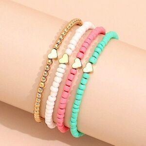 Y2K Style Heart Charm Pastel Bracelets Pink White Teal Gold Stackable Set